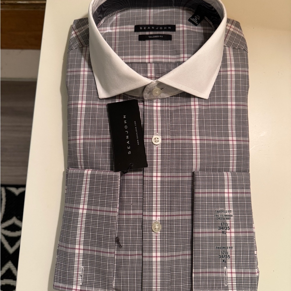 Sean John Grey Plaid Dress Shirt with White Collar and Pink Accents French Cuffs